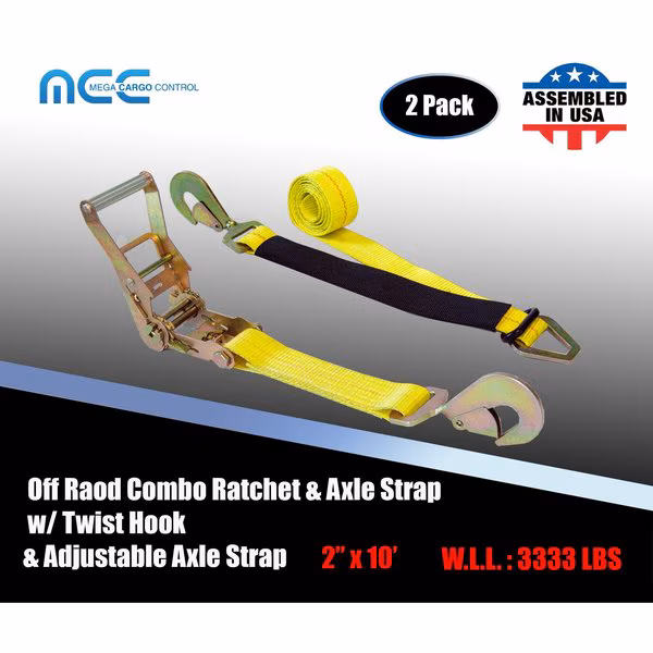 Axle Ratchet Tie Down Strap w/ Snap Hook Race Car Hauler Trailer Flatbed Yellow, 2PK, Tie 4 Safe, Mfr#: RT42-10-Y-C-2